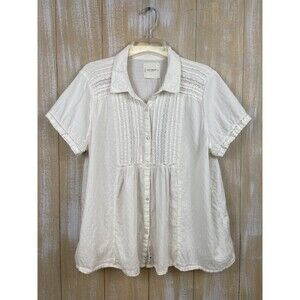 Lucky Brand Size XL White Textured Pintuck Babydoll Short Sleeve Button Shirt